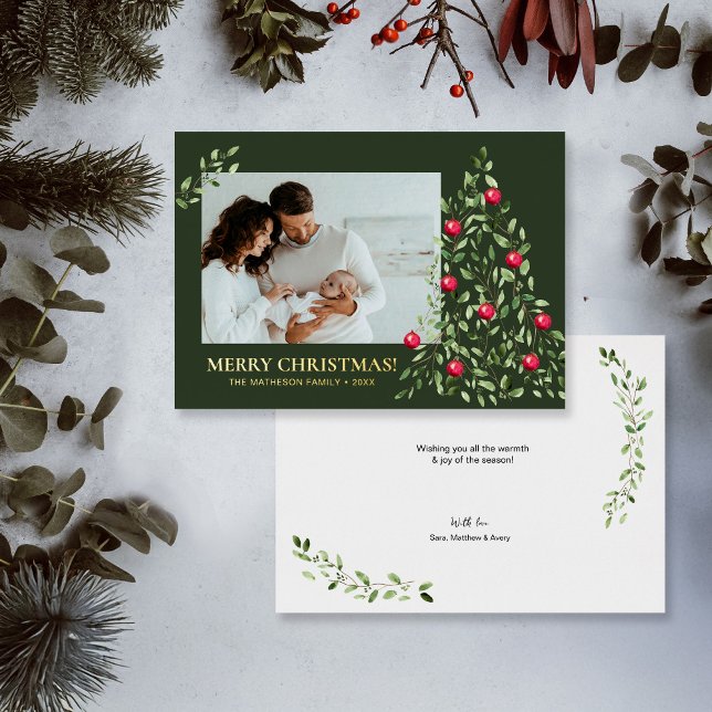 Modern Minimal Merry Christmas Foliage Green Gold Foil Holiday Card (Stylish Elegant Real Gold Foil watercolor tree with red ornaments custom photo Holiday Card.)