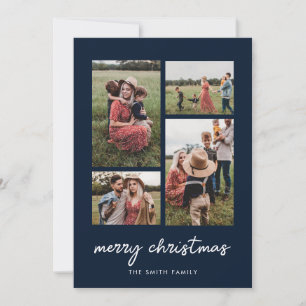 Modern Minimal Merry Christmas Four Photo Collage Holiday Card