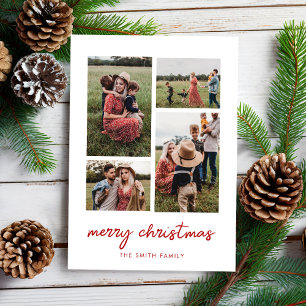 Modern Minimal Merry Christmas Four Photo Collage Holiday Card
