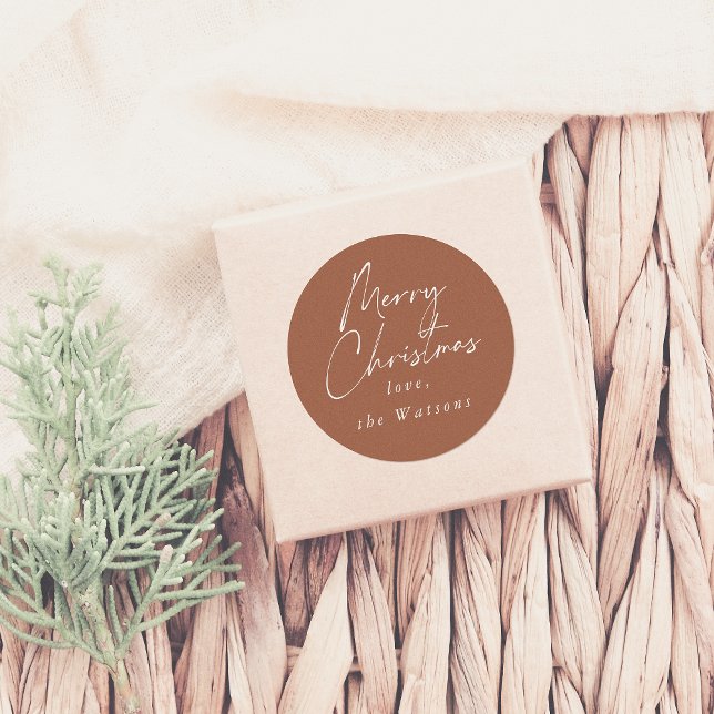 Modern Minimal Merry Christmas Rust Red Classic Round Sticker (Creator Uploaded)