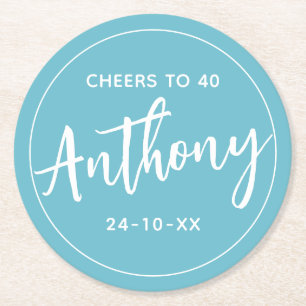 MODERN MINIMAL milestone birthday drinks aqua Round Paper Coaster