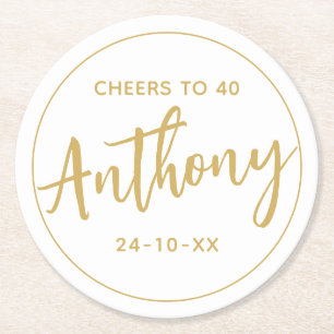 MODERN MINIMAL milestone birthday drinks old gold Round Paper Coaster