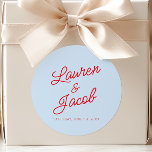 Modern Minimal Minimalist Blue and Red Wedding Classic Round Sticker<br><div class="desc">These are Modern Minimal Minimalist Blue and Red Wedding Party Favor Stickers!</div>