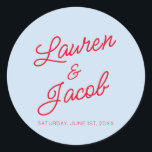Modern Minimal Minimalist Blue and Red Wedding Classic Round Sticker<br><div class="desc">These are Modern Minimal Minimalist Blue and Red Wedding Party Favor Stickers!</div>