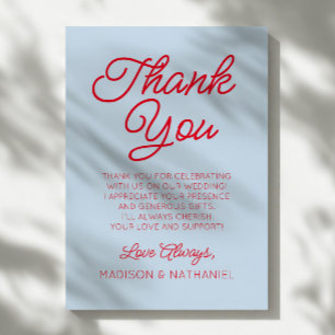 Modern Minimal Minimalist Blue and Red Wedding Thank You Card