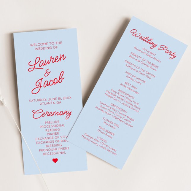 Modern Minimal Minimalist Blue Red Wedding Program (Creator Uploaded)