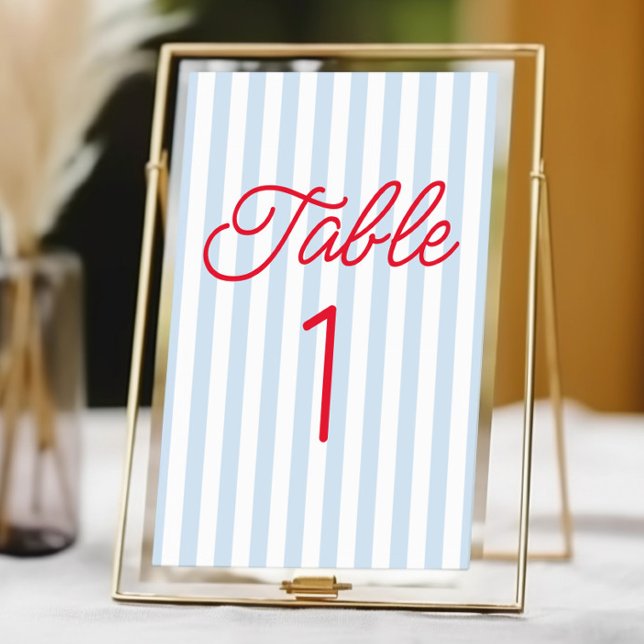 Modern Minimal Minimalist Blue Stripes Red Wedding Table Number (Creator Uploaded)