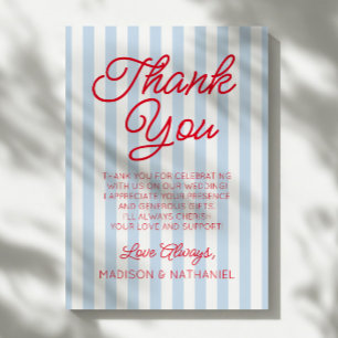 Modern Minimal Minimalist Blue Stripes Red Wedding Thank You Card