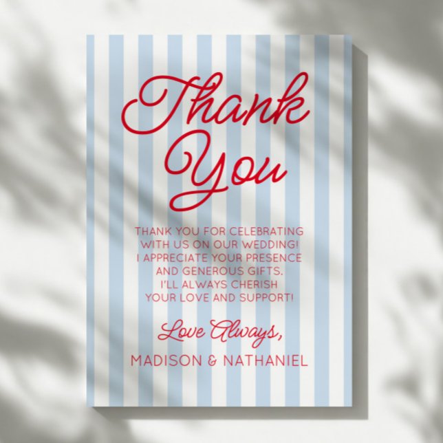 Modern Minimal Minimalist Blue Stripes Red Wedding Thank You Card (Creator Uploaded)