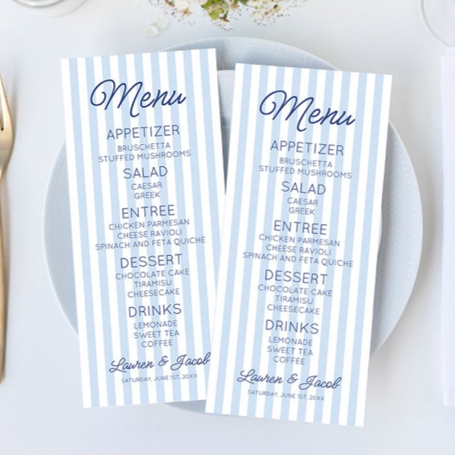 Modern Minimal Minimalist Blue Stripes Wedding Menu (Creator Uploaded)