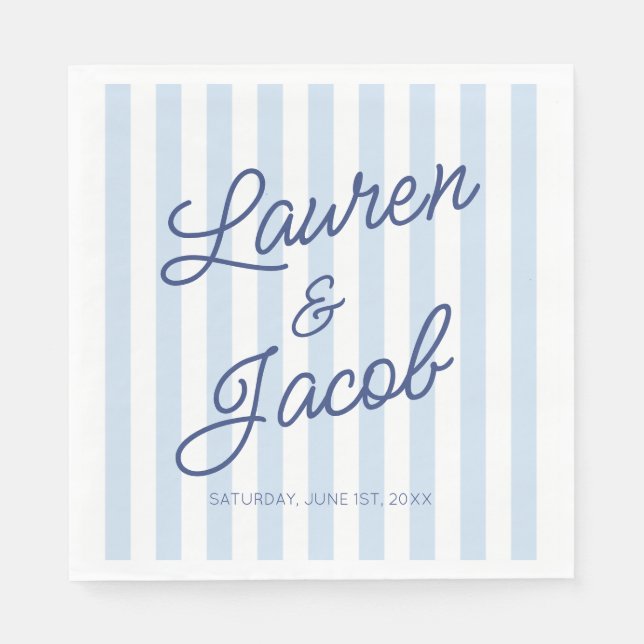 Modern Minimal Minimalist Blue Stripes Wedding Napkin (Front)