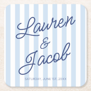 Modern Minimal Minimalist Blue Stripes Wedding Square Paper Coaster