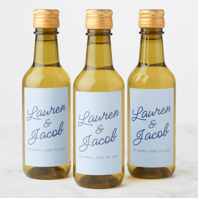 Modern Minimal Minimalist Blue Wedding Mini Wine Label (Bottles)