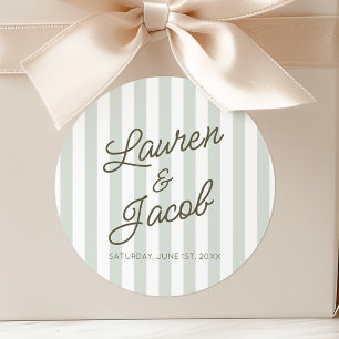 Modern Minimal Minimalist Green Stripes Wedding Classic Round Sticker