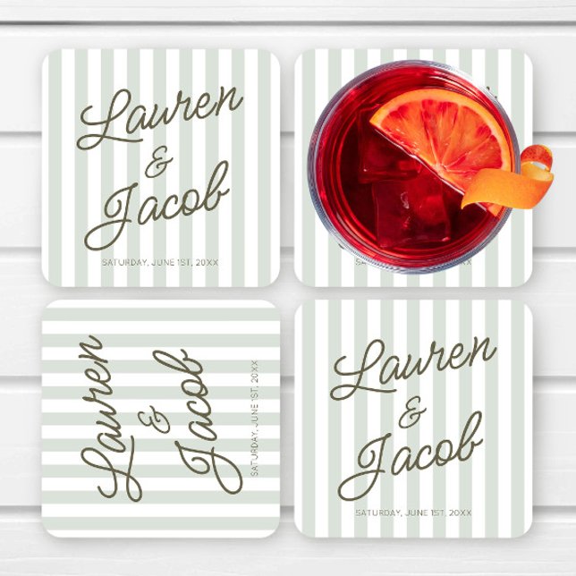 Modern Minimal Minimalist Green Stripes Wedding Square Paper Coaster (Creator Uploaded)