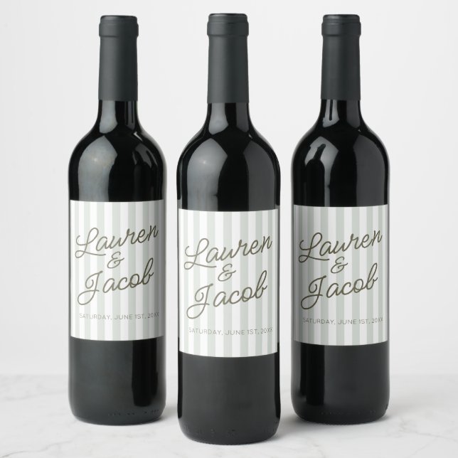 Modern Minimal Minimalist Green Stripes Wedding Wine Label (Bottles)