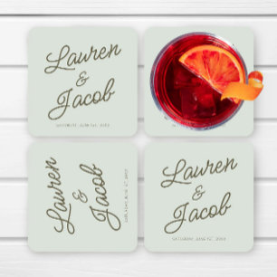 Modern Minimal Minimalist Green Wedding Square Paper Coaster