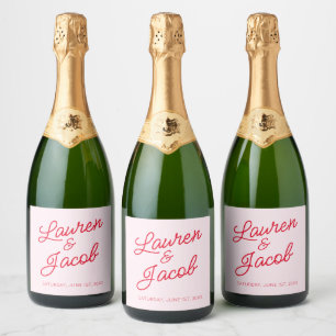 Modern Minimal Minimalist Pink and Red Wedding Sparkling Wine Label