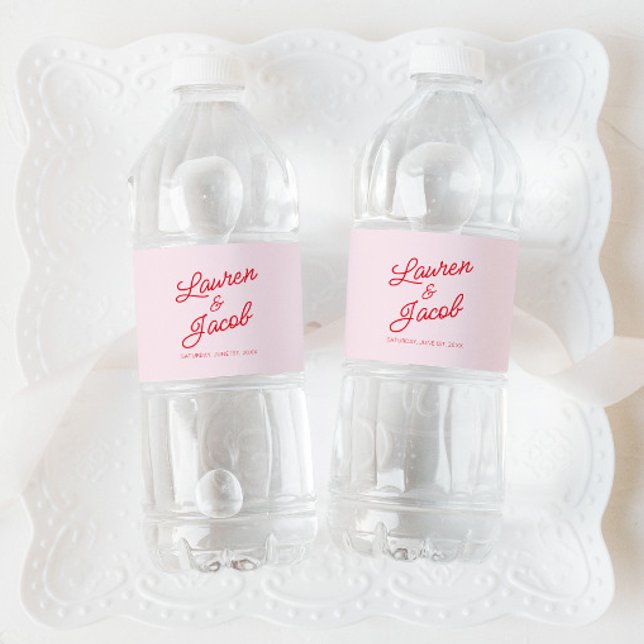 Modern Minimal Minimalist Pink and Red Wedding Water Bottle Label (Creator Uploaded)