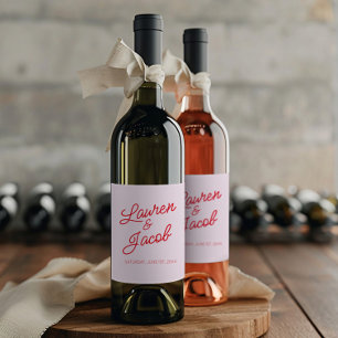 Modern Minimal Minimalist Pink and Red Wedding Wine Label