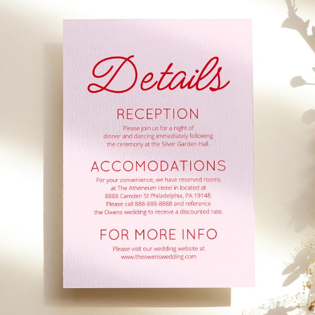 Modern Minimal Minimalist Pink Red Wedding Details Enclosure Card (Creator Uploaded)