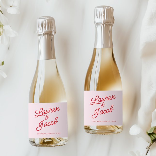 Modern Minimal Minimalist Pink Red Wedding Mini Sparkling Wine Label (Creator Uploaded)