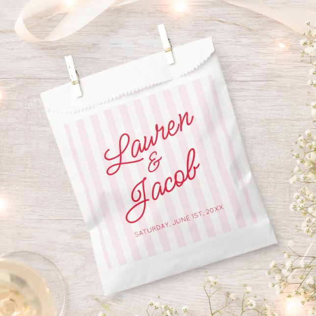 Modern Minimal Minimalist Red Pink Stripes Wedding Favour Bag (Clipped)