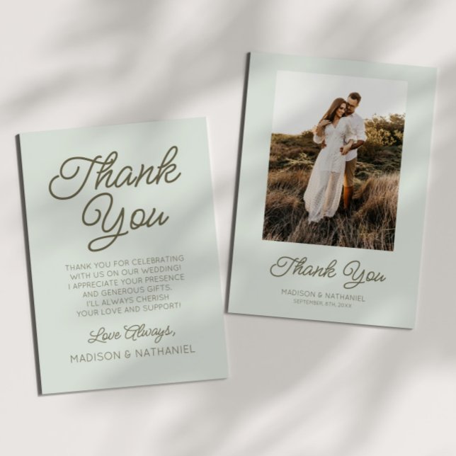 Modern Minimal Minimalist Sage Green Wedding Thank You Card (Creator Uploaded)