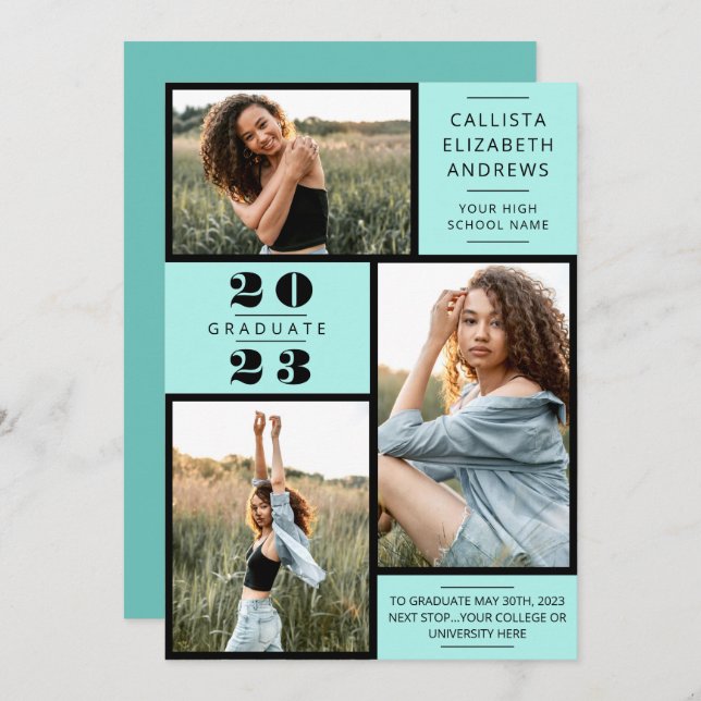 Modern Minimal Mint Black Photo Grid Graduation Announcement (Front/Back)