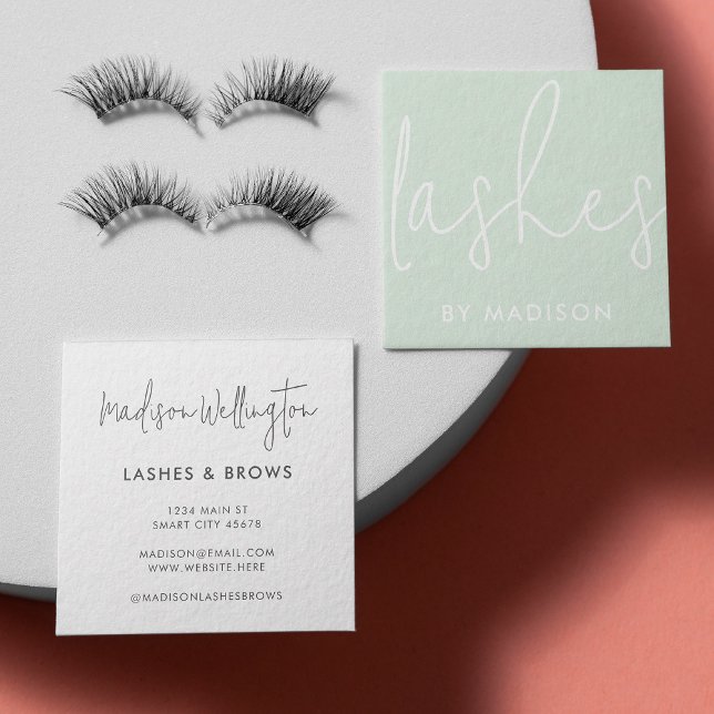 Modern Minimal Mint Green Script Lashes Square Business Card (Creator Uploaded)