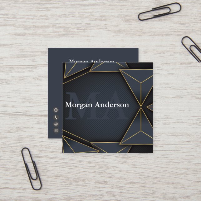 Modern Minimal Monogram and Metal Polygon Charcoal Square Business Card (Front/Back In Situ)