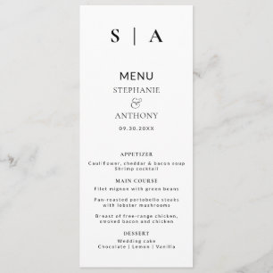 Modern Minimal Monogram Black and White Wedding  Menu
