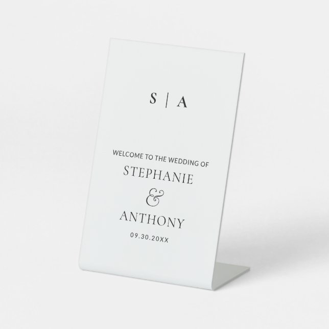Modern Minimal Monogram Black and White Wedding   Pedestal Sign (Front)
