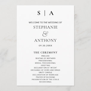 Modern Minimal Monogram Black and White Wedding Program