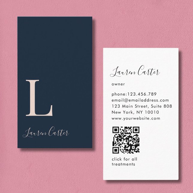Modern Minimal Monogram Blue Blush QR Code Business Card (Modern Minimal Monogram Blue QR Code Business Card)