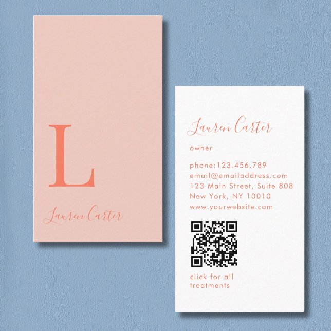 Modern Minimal Monogram Blush Orange QR Code Business Card (Modern Minimal Monogram Blush Orange QR Code Business Card)