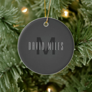 Modern Minimal Monogram Design Editable Dark Grey Ceramic Ornament
