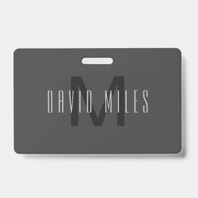 Modern Minimal Monogram Design Editable Dark Grey ID Badge (Front)
