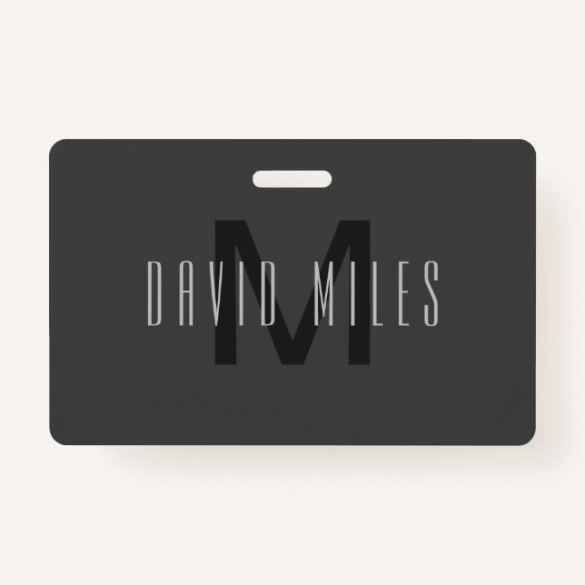 Modern Minimal Monogram Design Editable Dark Grey ID Badge (Front)