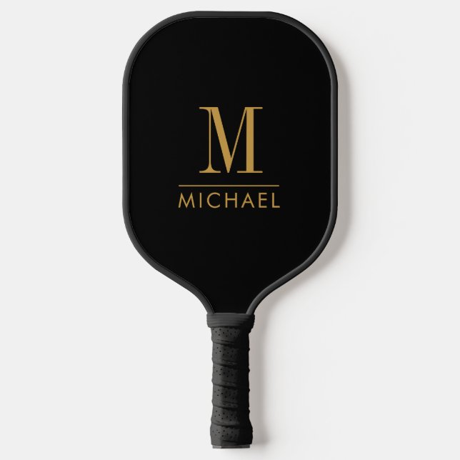 Modern Minimal Monogram Gold Name Custom Black  Pickleball Paddle (Front)