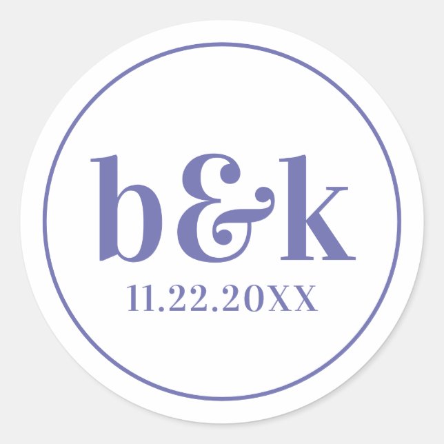 Modern Minimal Monogram Initials Purple Wedding Classic Round Sticker (Front)