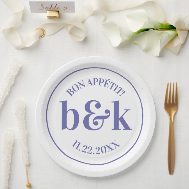 Modern Minimal Monogram Initials Purple Wedding Paper Plate (Wedding)