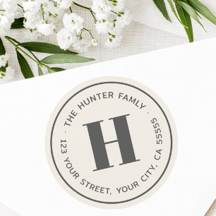 Modern minimal monogram light tan return address classic round sticker