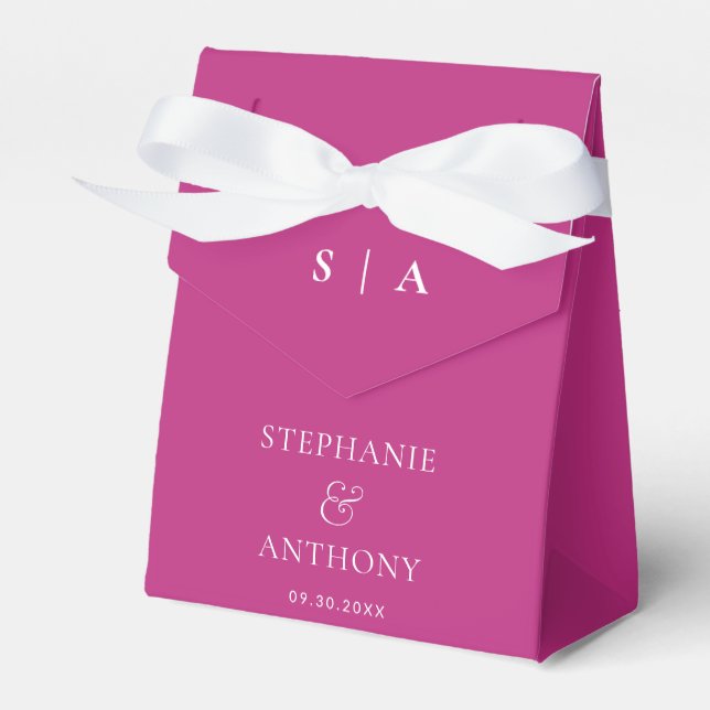 Modern Minimal Monogram Magenta and White Wedding Favour Box (Front Side)