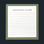 Modern Minimal Monogram Name Olive Notepad<br><div class="desc">A professional lined notepad with a minimalist design in an olive green and white colour palette. Custom monogram initial and name on a simple white background,  framed by an olive border. Personalise using the fields provided or use the 'message' button to contact the designer for help.</div>