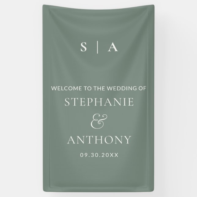 Modern Minimal Monogram Sage and White Wedding   Banner (Vertical)