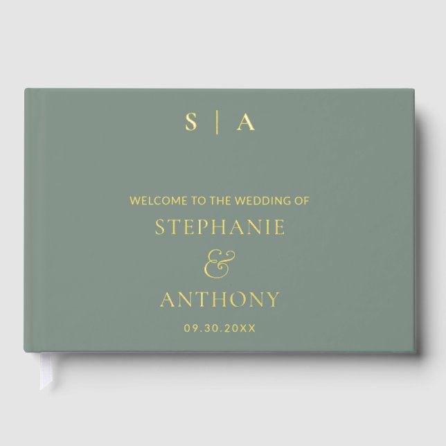 Modern Minimal Monogram Sage Green Foil Wedding Guest Book (Front)