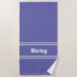 Modern Minimal Monogram Script Periwinkle Blue Beach Towel<br><div class="desc">Custom minimal design features an easy to use template for name or text up to eleven letters in modern script and a double frame border. Script and border are in white on a trendy periwinkle blue background. Colour of background and font are easily changed with the Zazzle design tool section....</div>