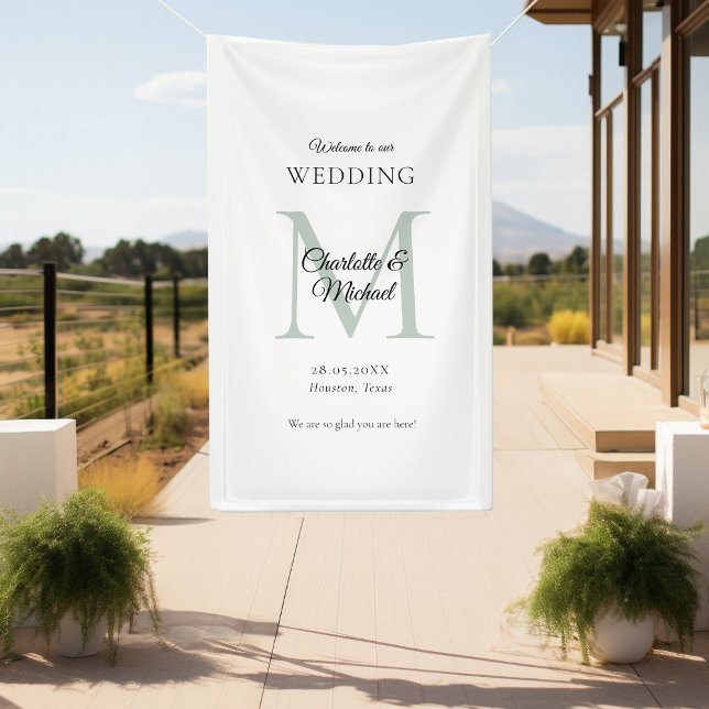 Modern Minimal Monogram Wedding Welcome  Banner (Modern, Minimal, Monogram, Luxury, White-Green, Wedding Welcome Banner.)