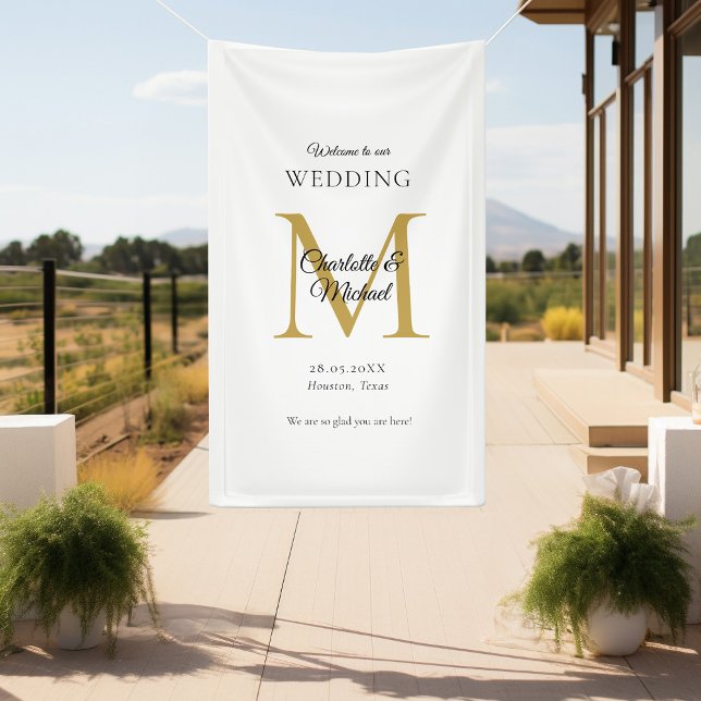 Modern Minimal Monogram Wedding Welcome  Banner (Modern, Minimal, Monogram, Luxury, Beige-Gold, Wedding Welcome Banner.)